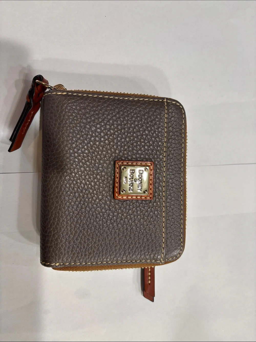 Dooney & Bourke Gray Pebbled Leather Zip Card Wallet with Brown Trim
